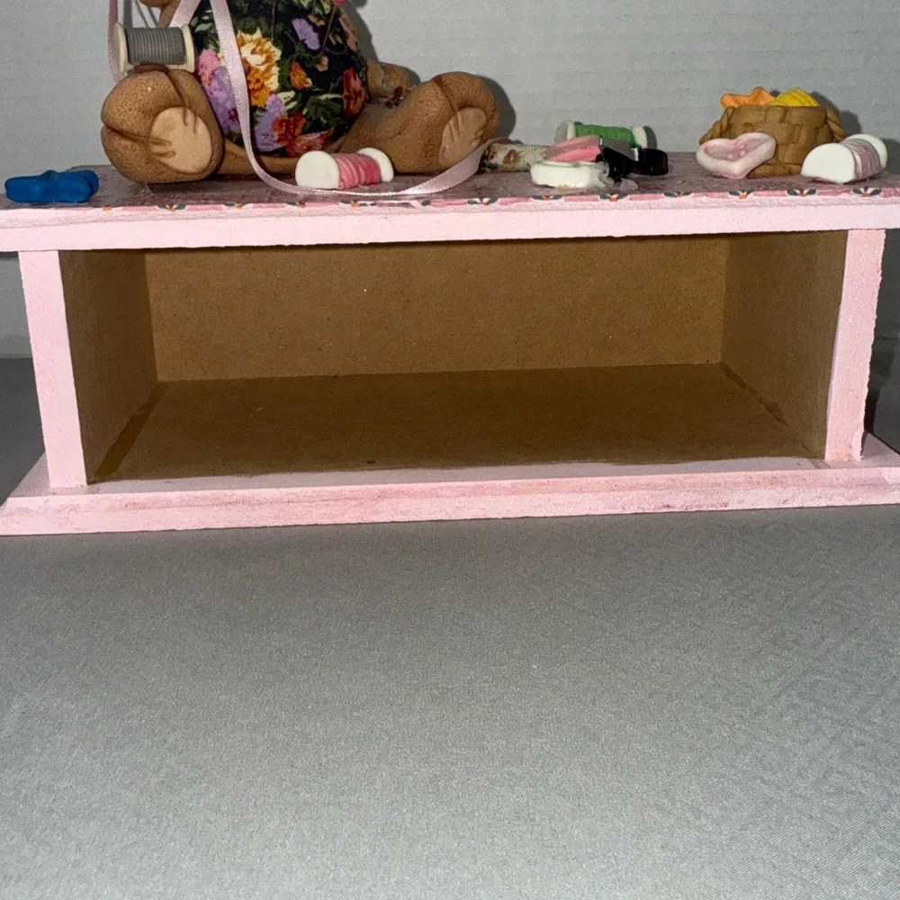 Handmade Pink Sewing Box Trinket Organizer with Drawer Teddy Bear Pin Cushion